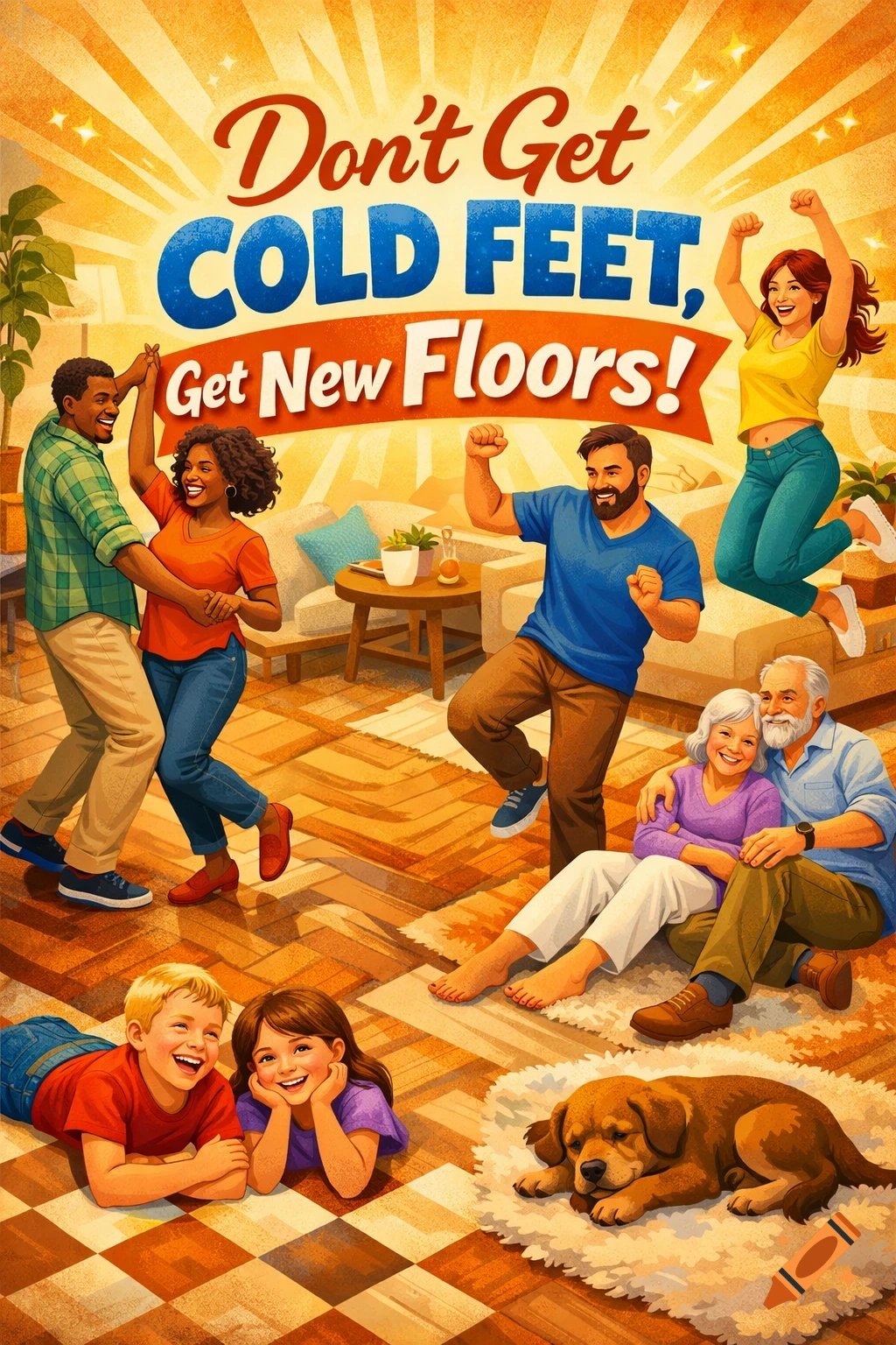 Vibrant illustration of a diverse group in a home with new floors and the slogan 'Don't Get Cold Feet, Get New Floors!'