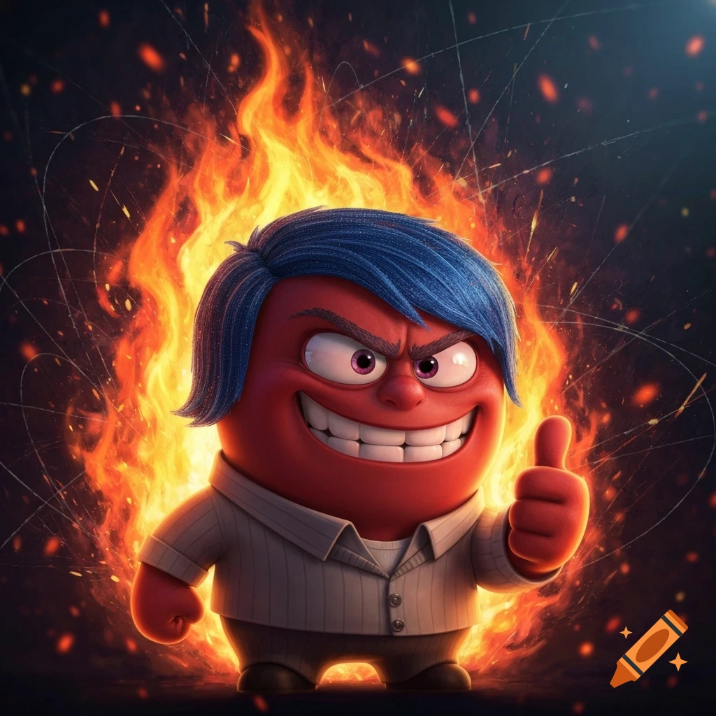 The character Anger from Inside Out, a red, angry-looking figure with blue hair, gives a thumbs up while engulfed in flames.