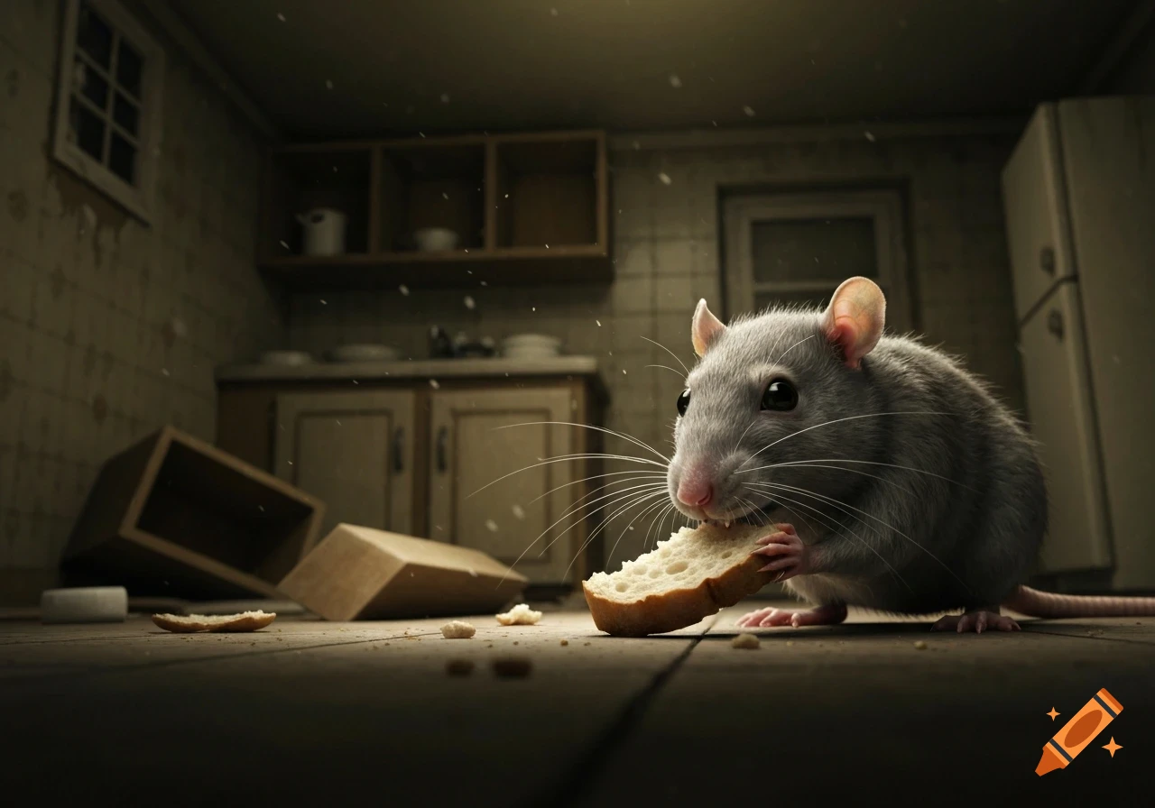 A photorealistic close-up of a gray rat eating a slice of bread on a dirty floor in a dimly lit, abandoned kitchen.