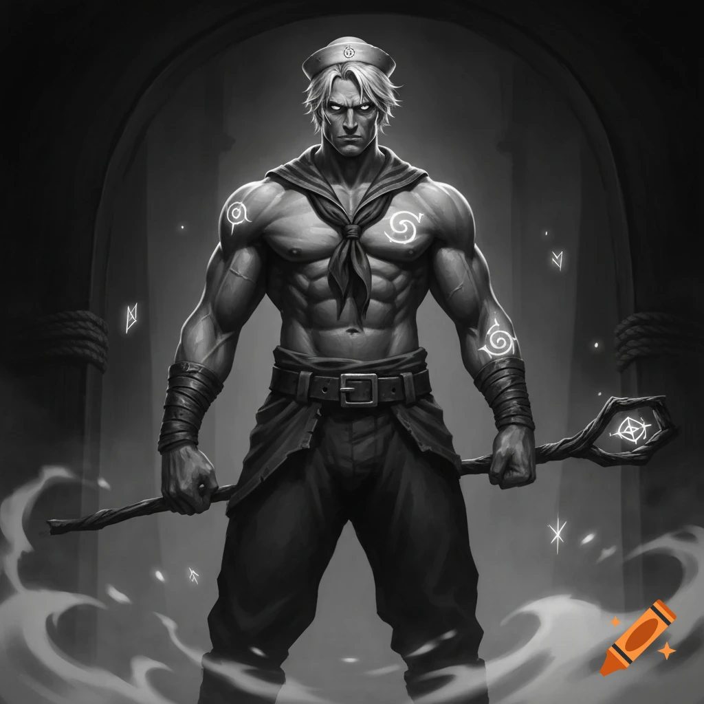 Monochrome image of a muscular man with blonde hair and glowing eyes, wearing a sailor hat and collar, holding a magical staff. Glowing runes float around him in a dark, arched setting.