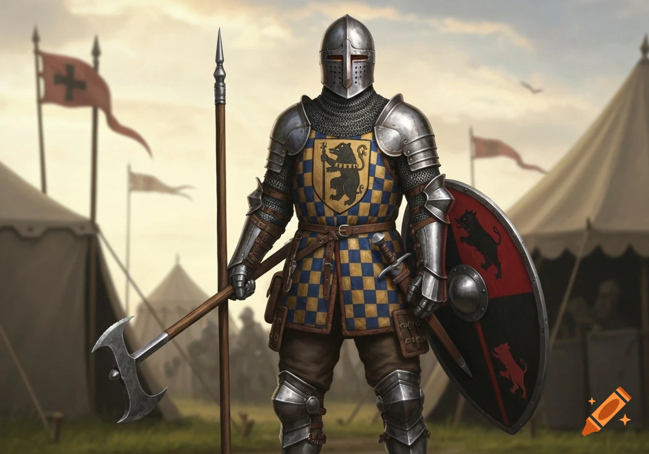 An armored knight in a checkered blue and gold jupon with a bear emblem, holding a poleaxe and a shield with boars, stands in a medieval camp.