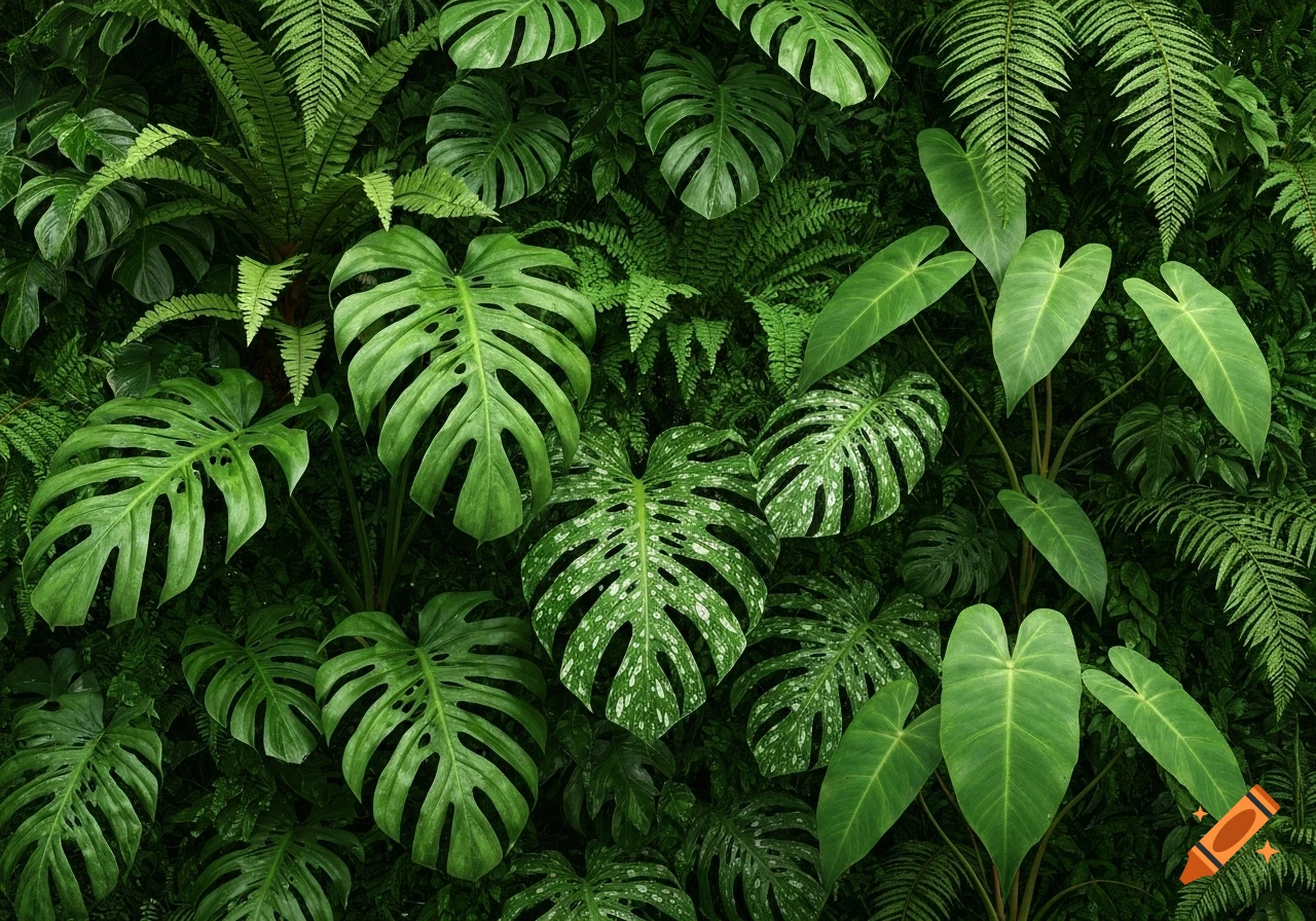 A detailed, close-up view of a vibrant green wall featuring a dense mix of tropical plants like monsteras and ferns.
