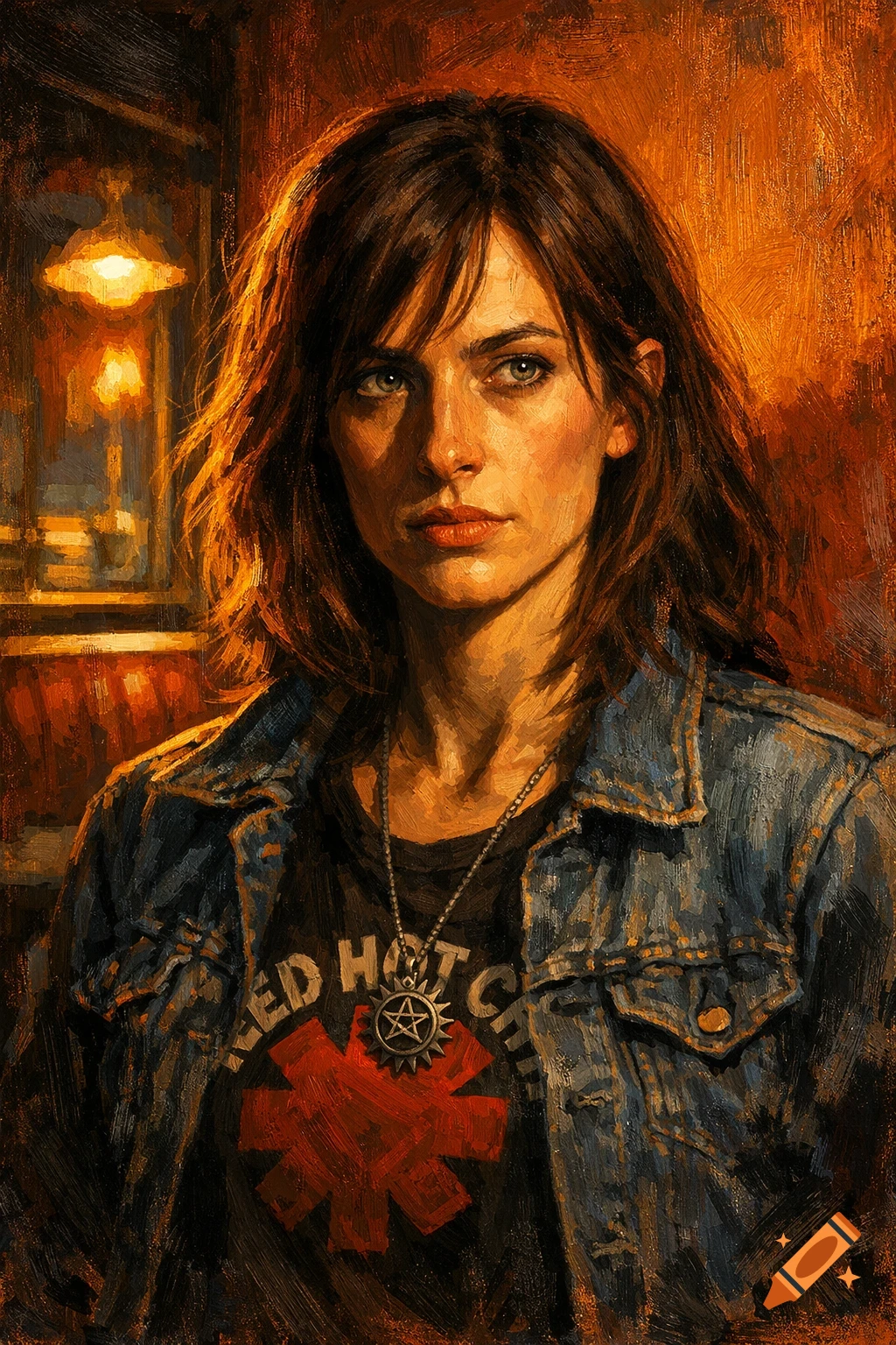 A moody digital painting of a woman with brown hair and hazel eyes, wearing a denim jacket and a Red Hot Chili Peppers t-shirt, in a warm diner setting.