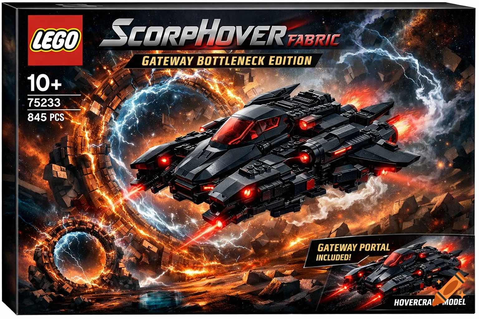 A black LEGO ScorpHover Fabric Gateway Bottleneck Edition set box, featuring a futuristic hovercraft with red lights flying near glowing portals and lightning in a space scene.