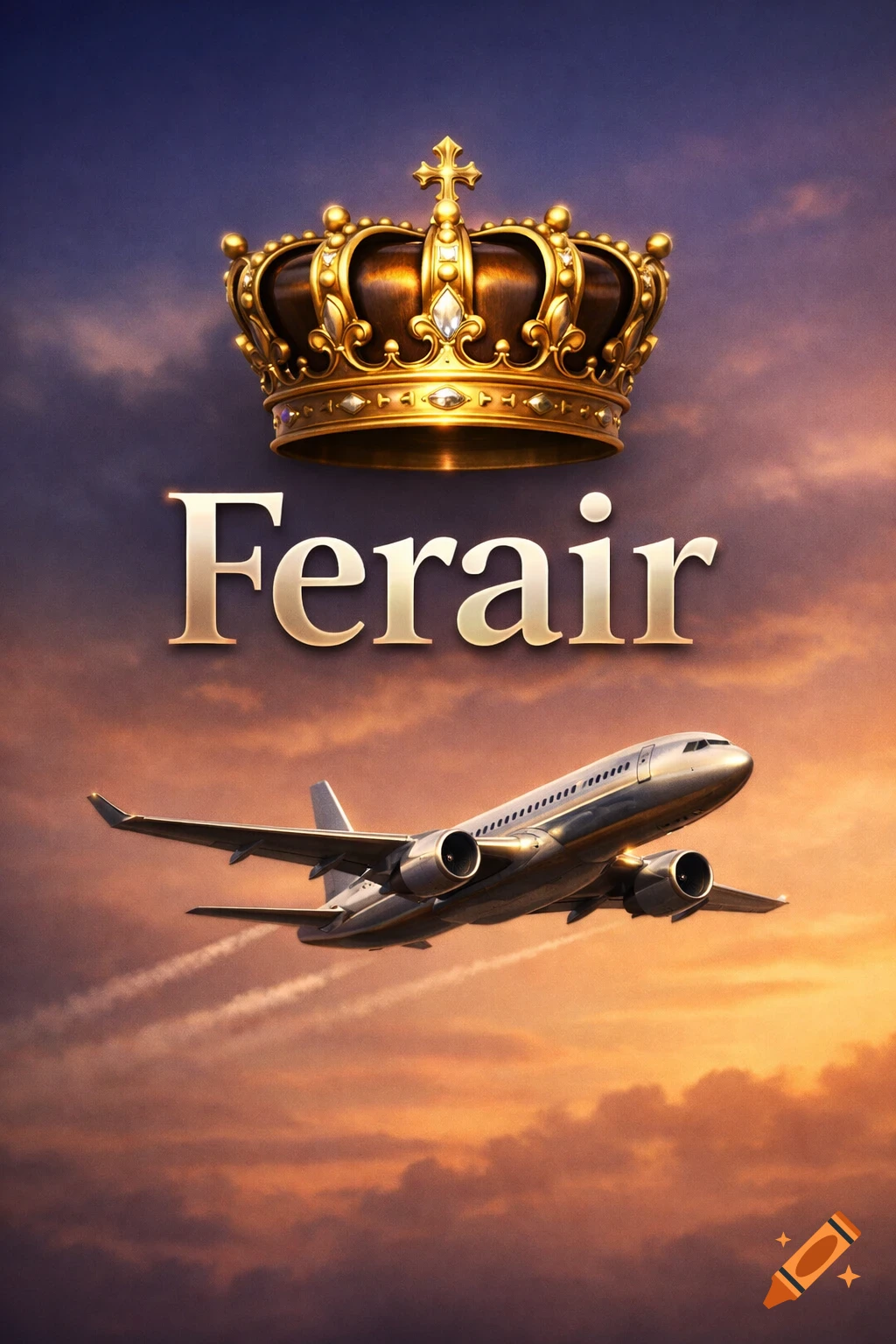 A golden crown, the text Ferair, and a silver airplane flying through a vibrant sunset sky.