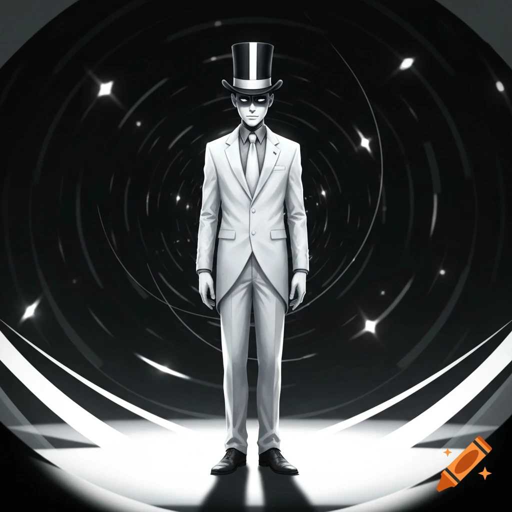 Stylized monochrome illustration of a man with glowing eyes in a white suit and black top hat, standing against a swirling cosmic background.