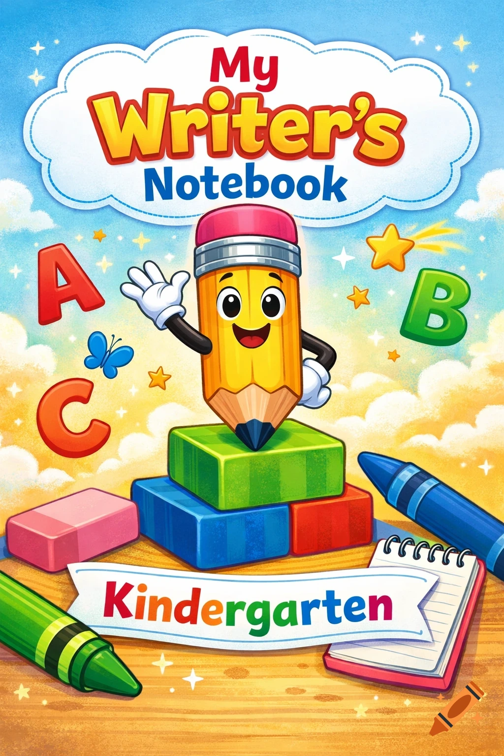 A colorful cartoon cover for a 'My Writer's Notebook Kindergarten', featuring a smiling pencil, crayons, erasers, and alphabet letters.