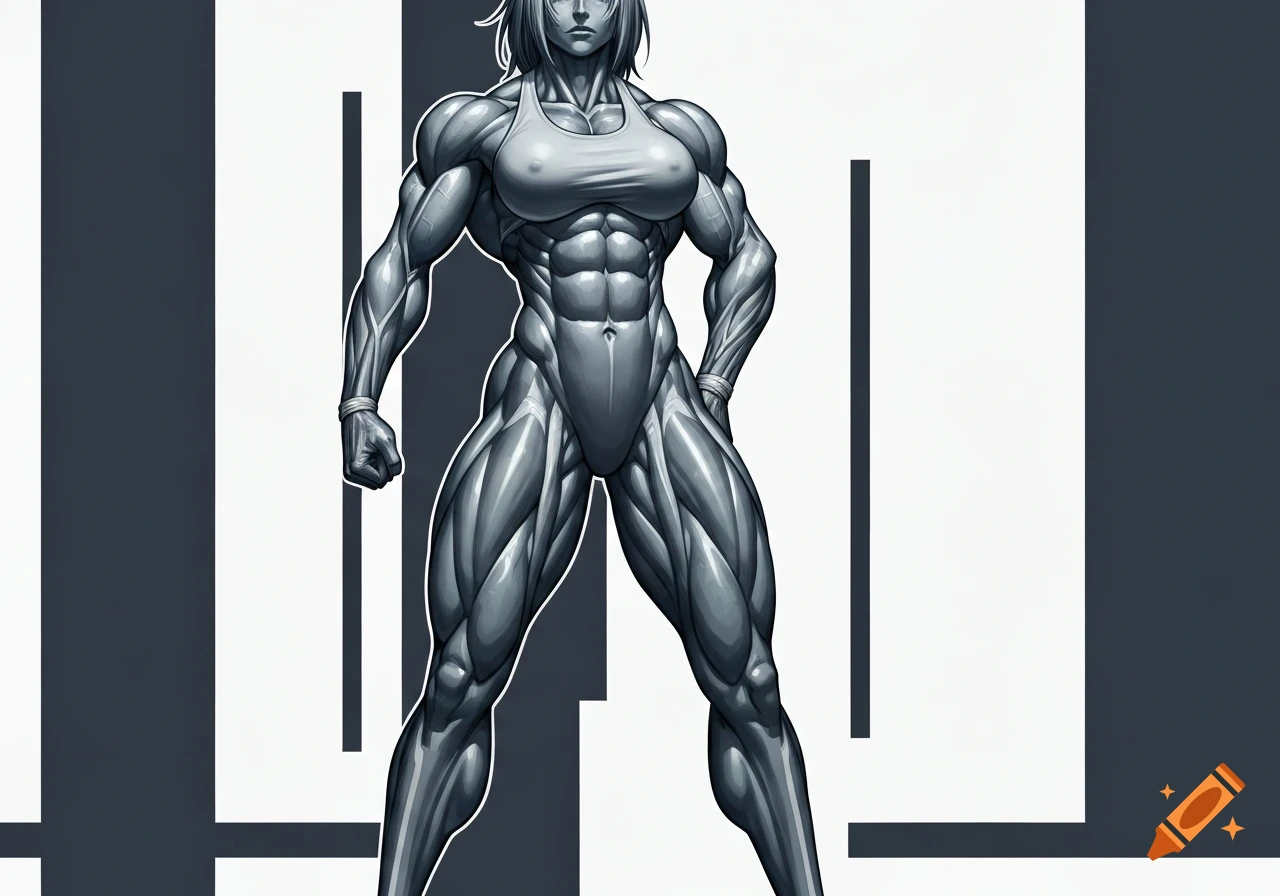 Stylized black and white illustration of an extremely muscular anime woman in a confident pose, emphasizing powerful muscle mass.