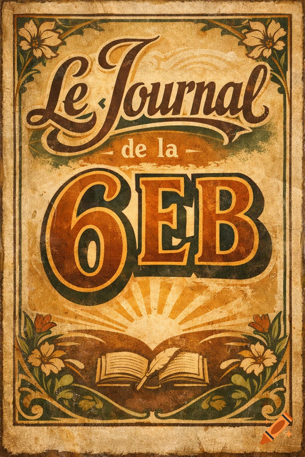 A vintage-style poster with the bold text 'Le Journal de la 6EB' in decorative brown and green letters, framed by floral motifs. Below is an open book with a quill, and sunburst rays behind it.