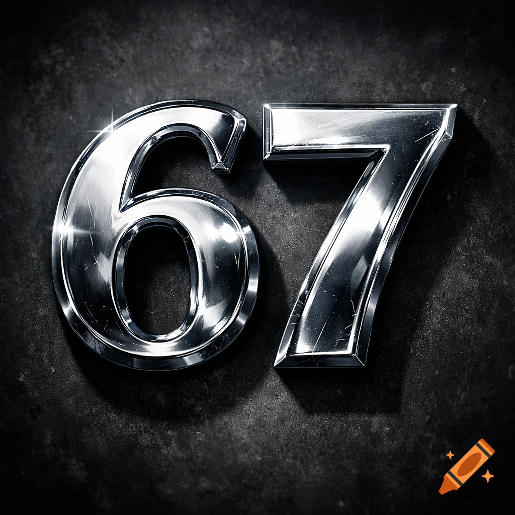 Shiny chrome numbers 67 on a dark, textured background.