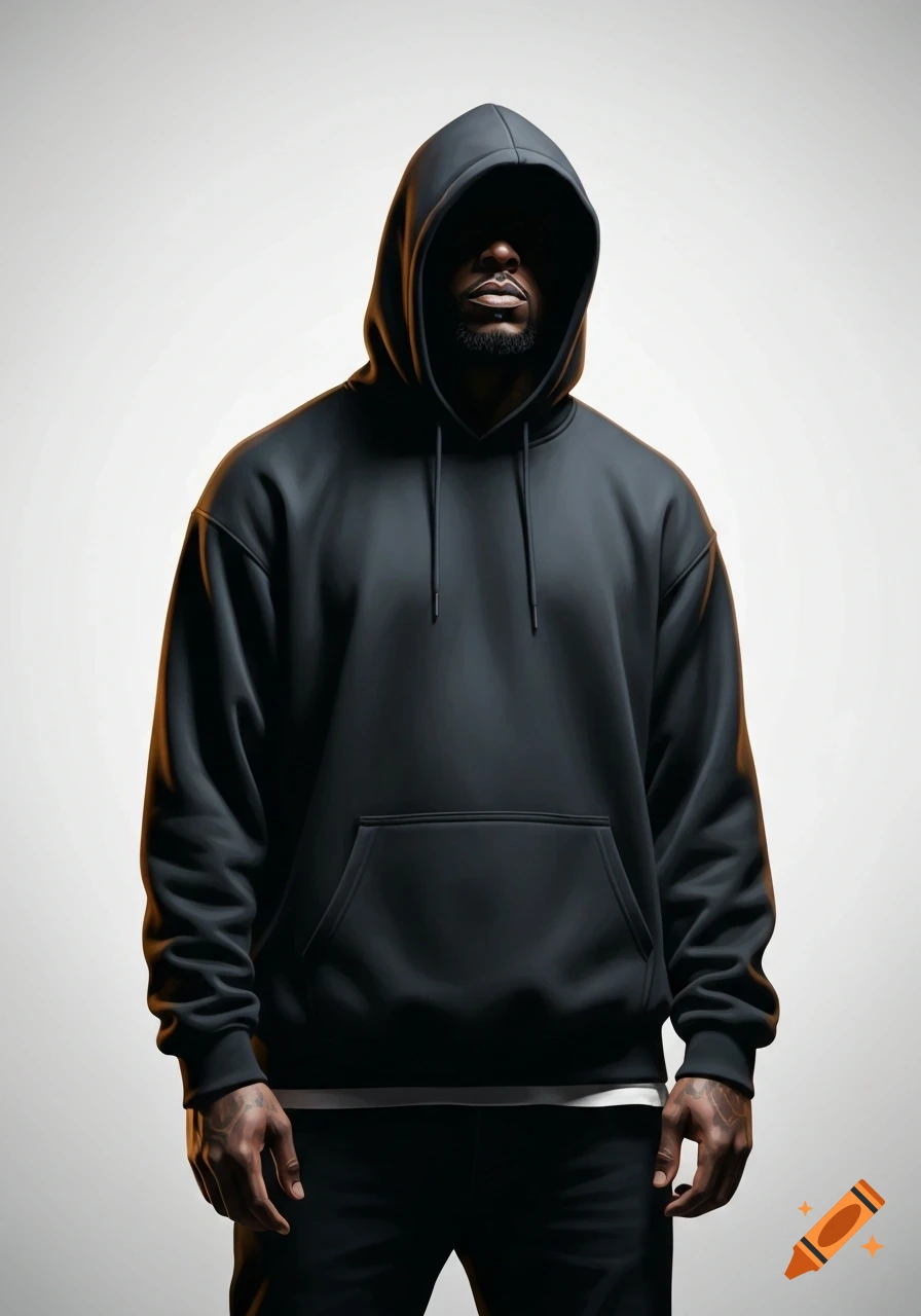 Photorealistic portrait of a person in a dark hoodie, face mostly obscured by shadow, against a plain white background.