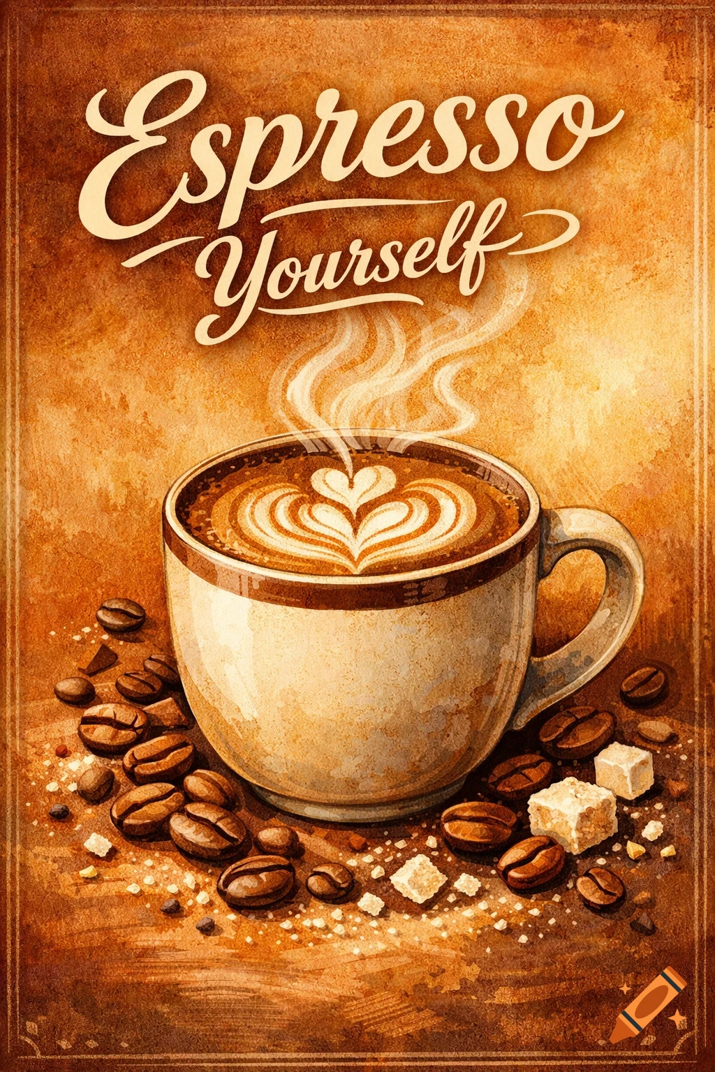 Vintage watercolor illustration of a steaming coffee cup with heart latte art, coffee beans, sugar cubes, and 'Espresso Yourself' text.
