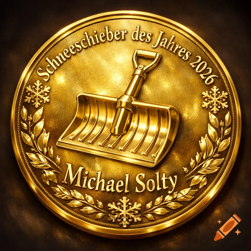 A shiny gold medal featuring a detailed snow shovel, snowflakes, and the text "Schneeschieber des Jahres 2026 - Michael Solty".