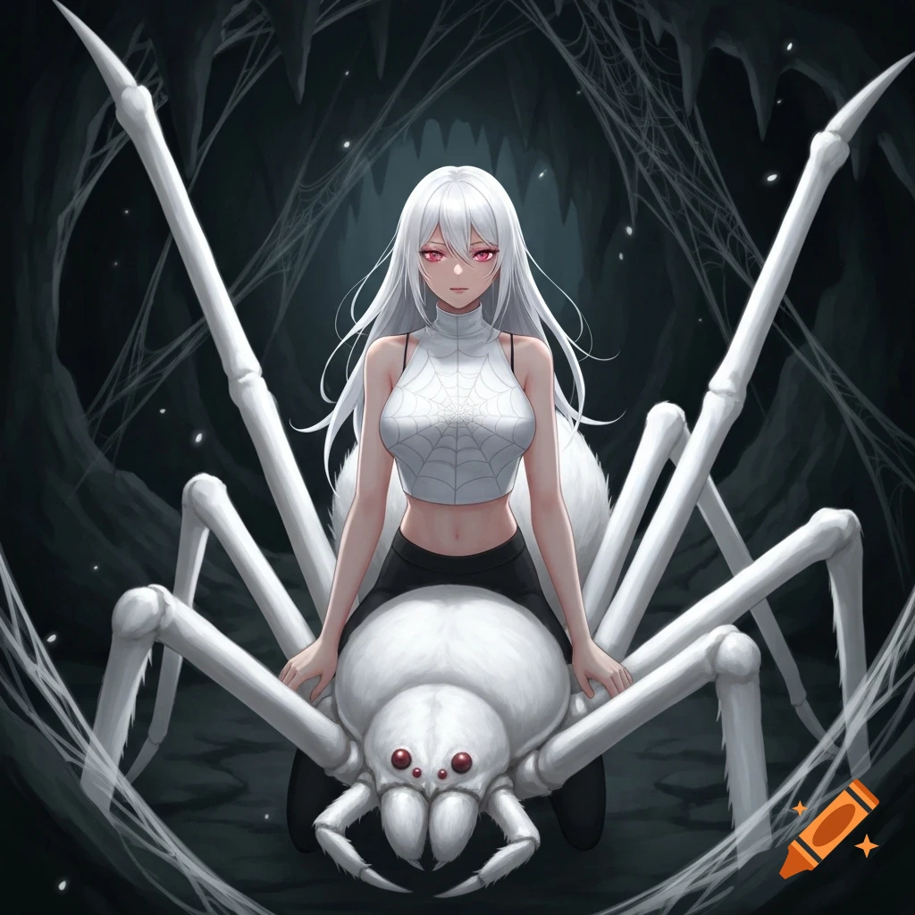 White-haired anime girl with red eyes in a spiderweb crop top and black skirt, sitting on a giant white spider in a dark, web-filled cave.