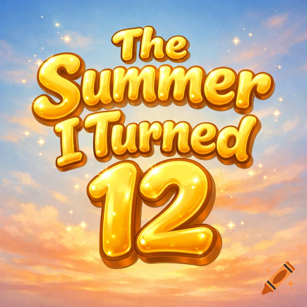 The text 'The Summer I Turned 12' in a shiny golden bubble font against a sparkling blue and orange sky.