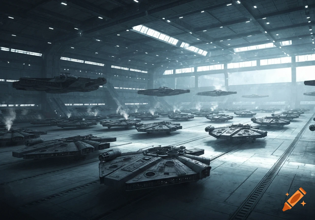A large hangar houses a fleet of spacecraft resembling Millennium Falcons, some flying, others on the ground amidst atmospheric mist.
