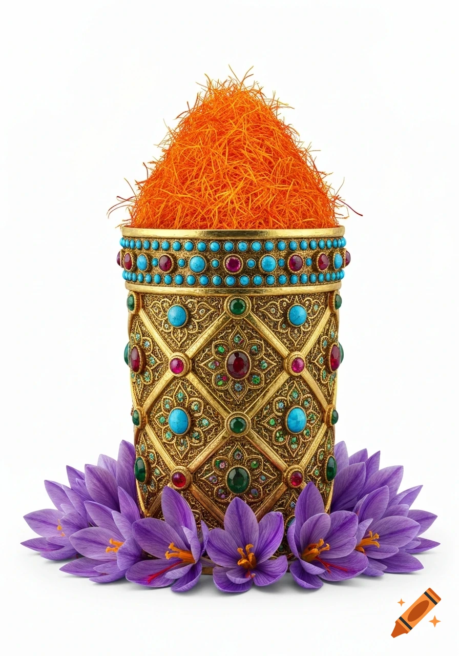 A golden, jewel-encrusted Persian-patterned cup overflowing with bright orange saffron threads, surrounded by purple crocus flowers.