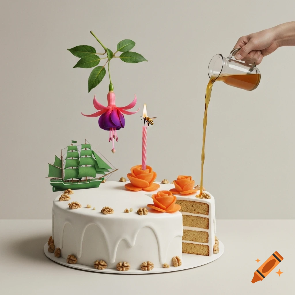 A surreal digital collage featuring a white-glazed cake, a fuchsia flower, a green sailing ship, and juice pouring from a jug.