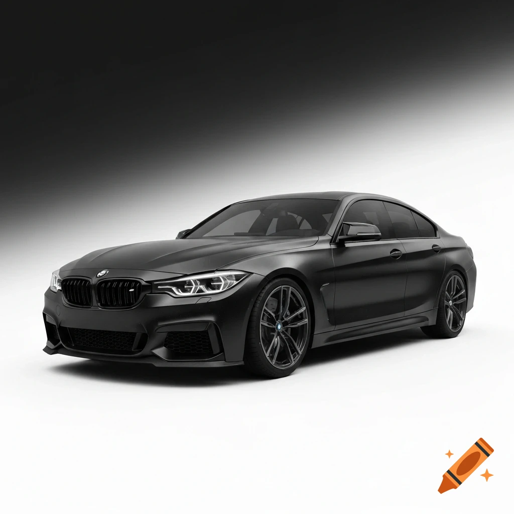 A matte black BMW sports sedan is parked against a minimalist gradient background.