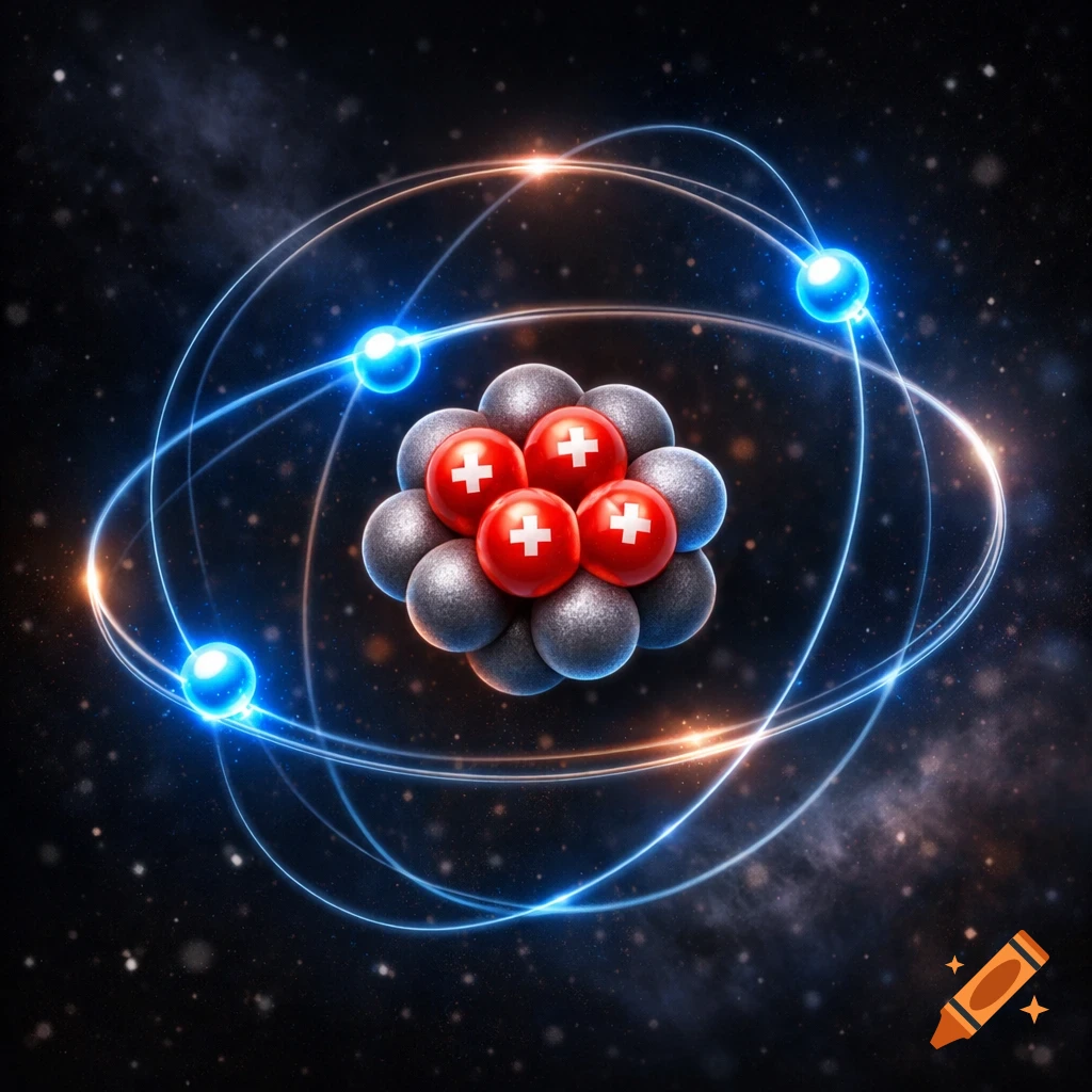 A stylized atom model with five red protons marked with plus signs, six gray neutrons forming a nucleus, and five glowing blue electrons orbiting on luminous paths in a dark, starry space.