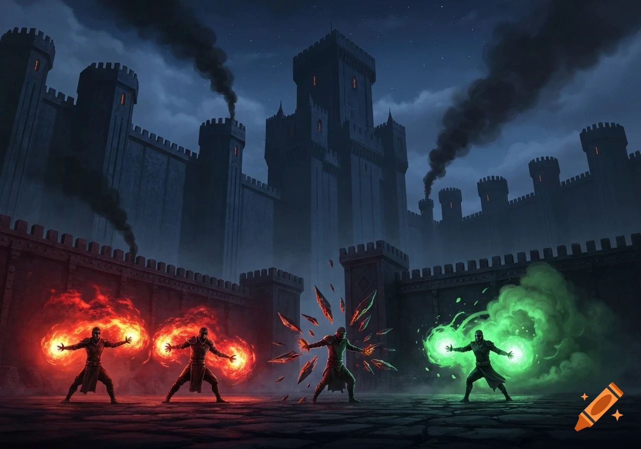 Four sorcerers battling with fire, earth, and green magic in a dark fortress courtyard, with smoke rising from towers under a night sky.