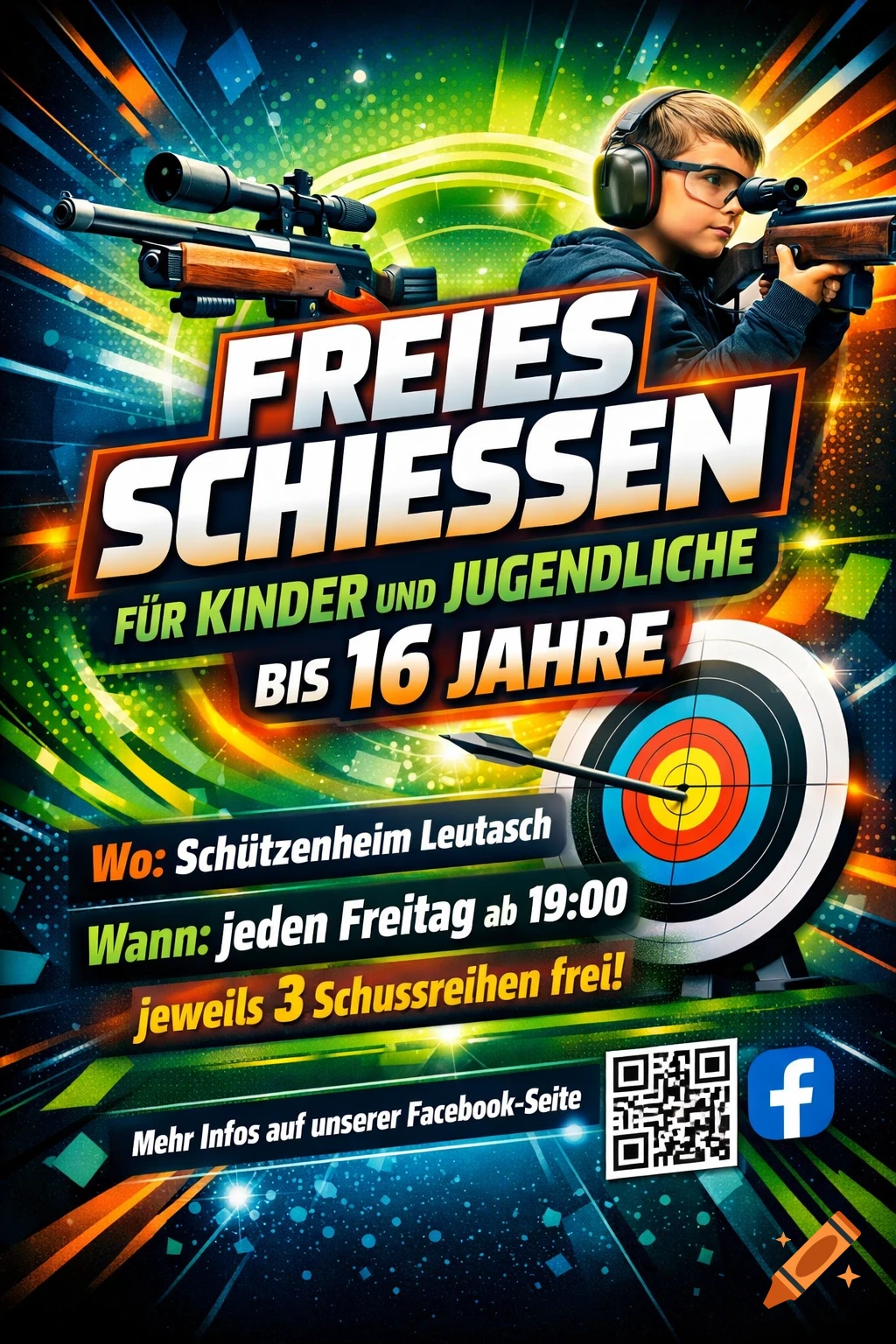 Modern flyer for a shooting event, featuring a boy in earmuffs aiming a rifle, a target with an arrow, and German text promoting free shooting for youth.