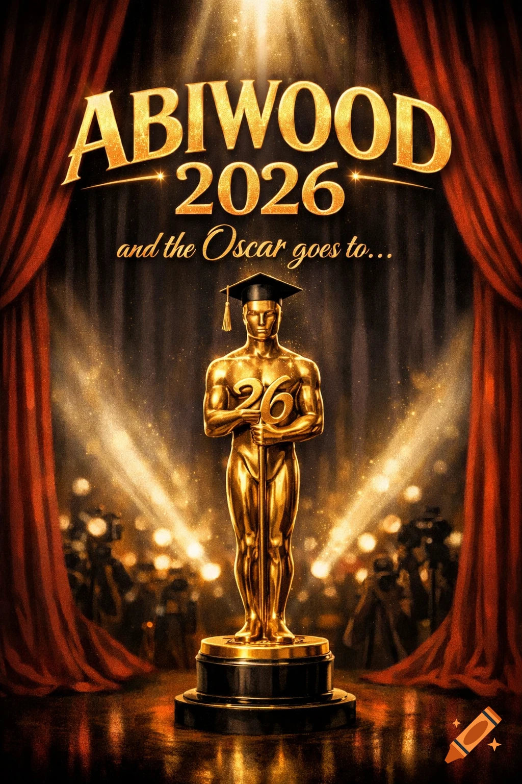 A golden Oscar-like statue wearing a graduation cap, holding the number '26', stands center stage with red curtains. Text reads 'ABIWOOD 2026' and 'and the Oscar goes to...'.