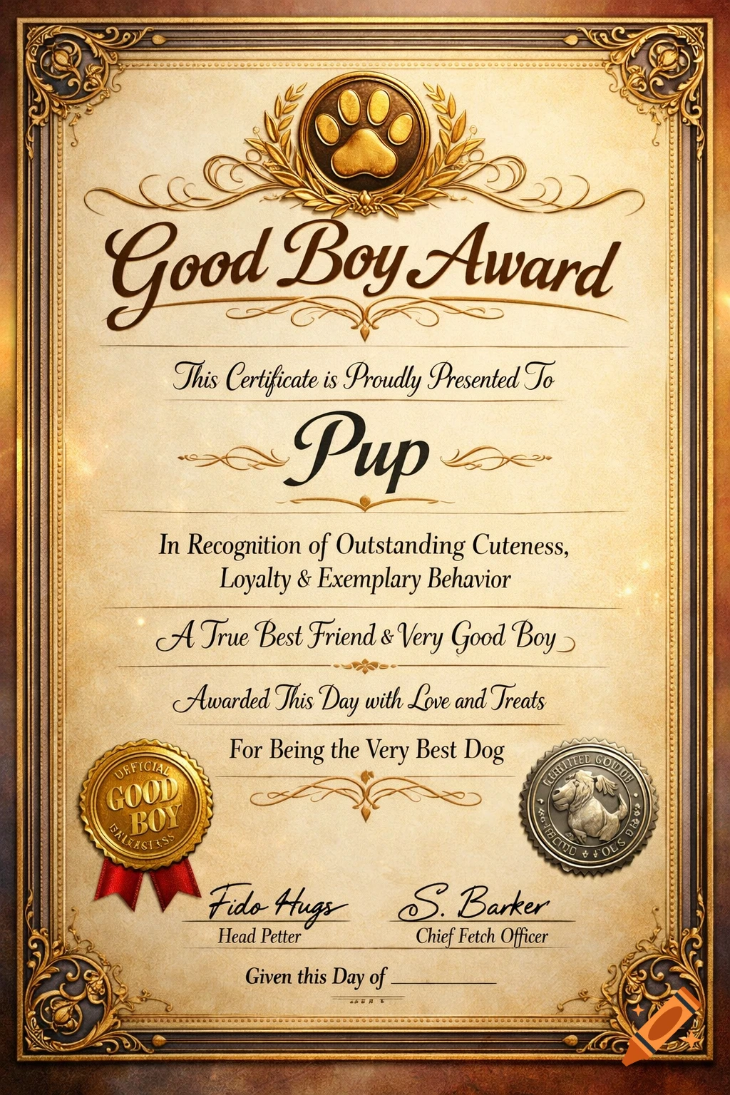 A gold and brown ornate certificate titled 'Good Boy Award' presented to Pup, recognizing cuteness, loyalty, and exemplary behavior.