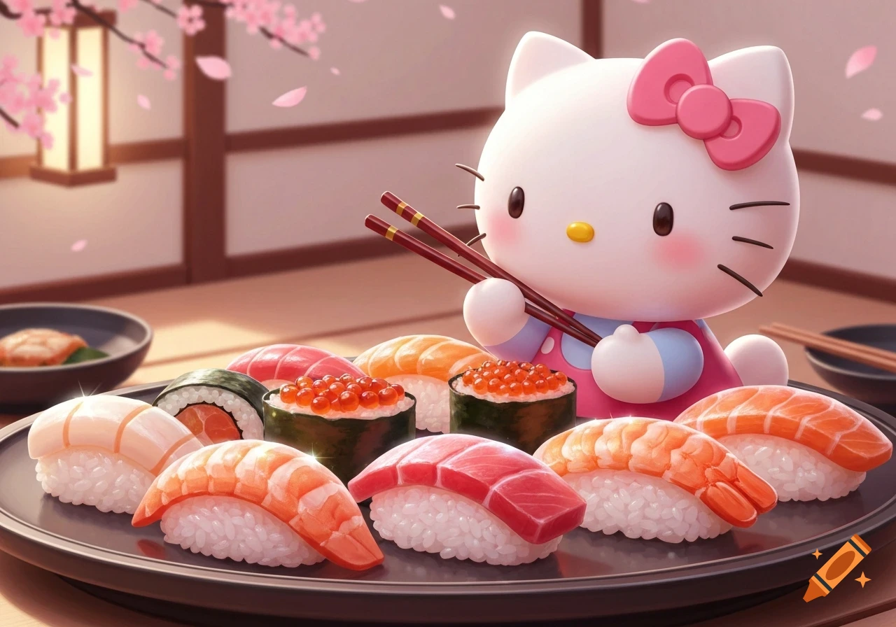 A cute Hello Kitty character in a pink outfit eating sushi with chopsticks on a platter, in a Japanese restaurant setting with cherry blossoms.