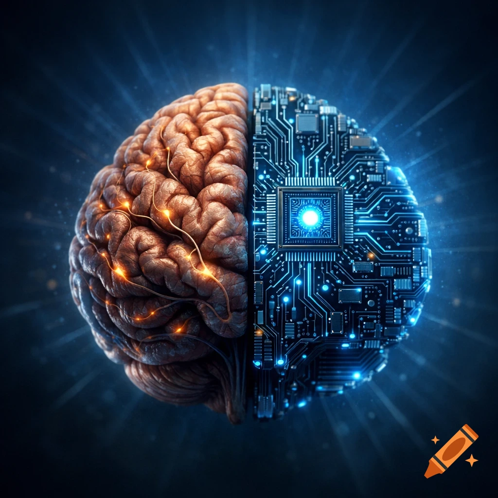A conceptual image of a human brain merging with a glowing microchip, set against a dark blue background with light rays.