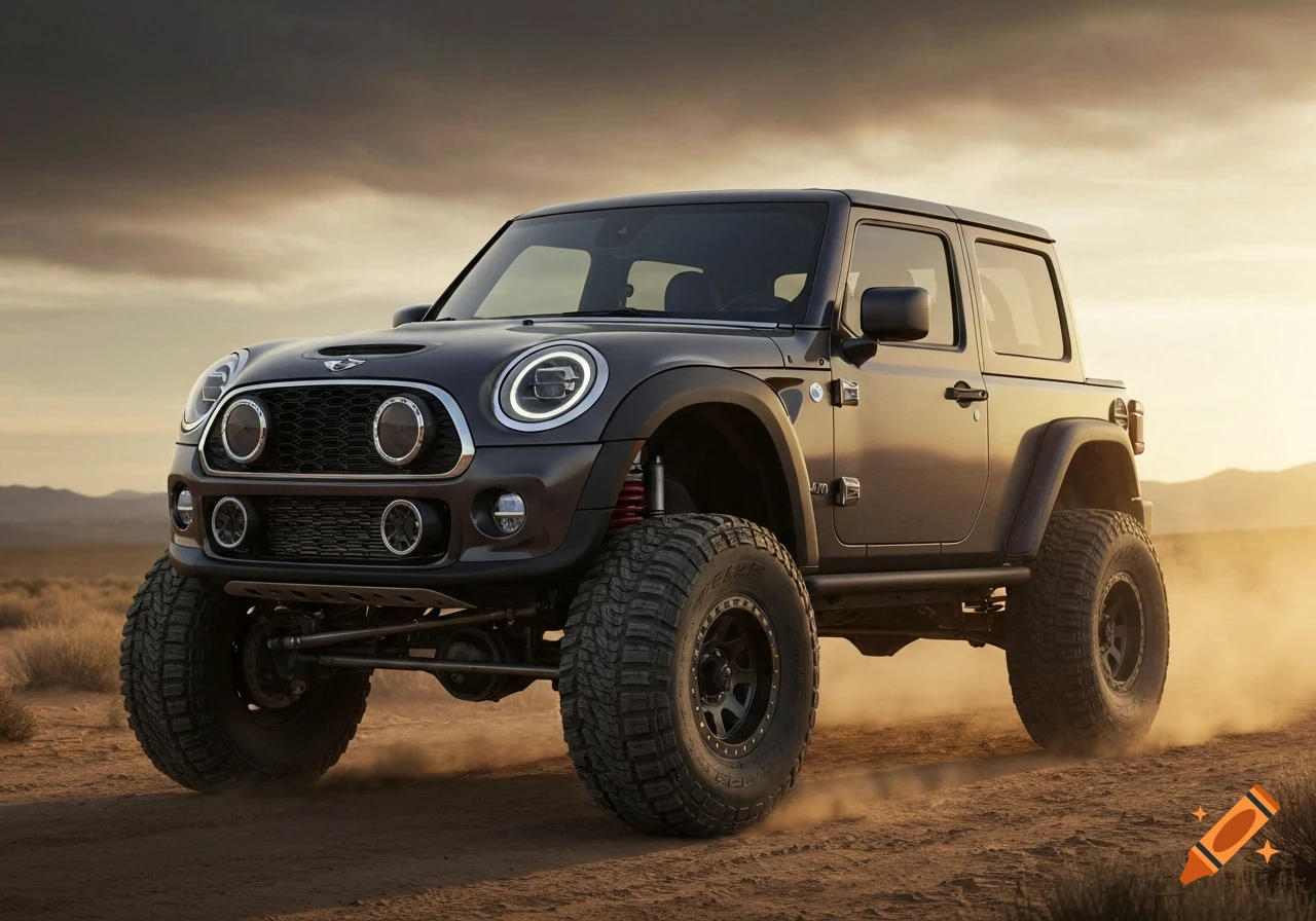 A dark gray Mini Cooper body on a lifted Jeep Wrangler chassis with large off-road tires on a dusty desert trail at sunset.
