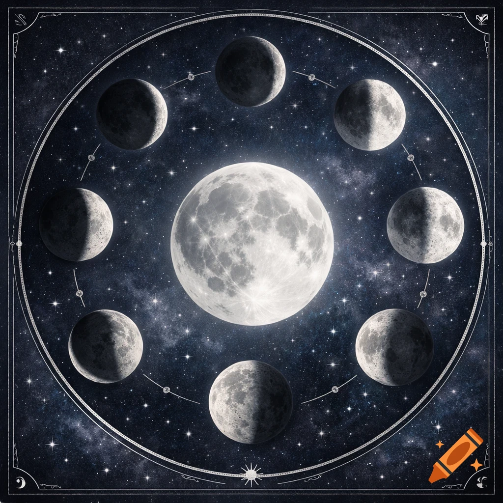 Celestial diagram of the lunar cycle with a large central moon surrounded by smaller moons in various phases against a starry cosmic background.