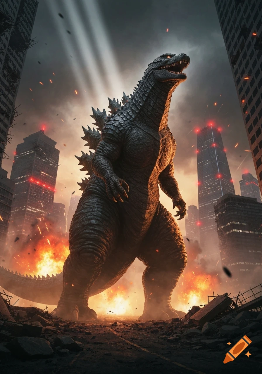 A giant Godzilla stands roaring amidst a destroyed city, illuminated by explosions and dramatic lighting.