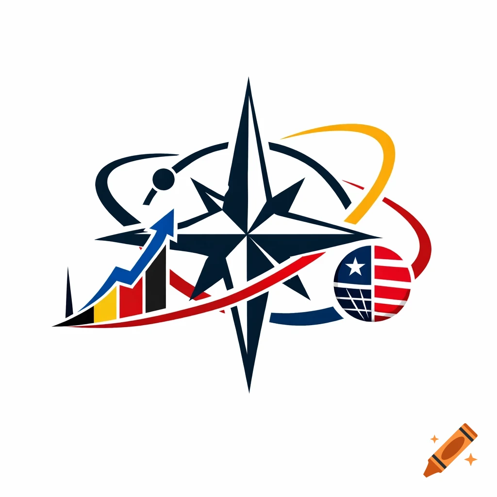 Dynamic logo with a compass rose, upward trending bar chart in German flag colors, and a globe with US flag elements, surrounded by arcs.