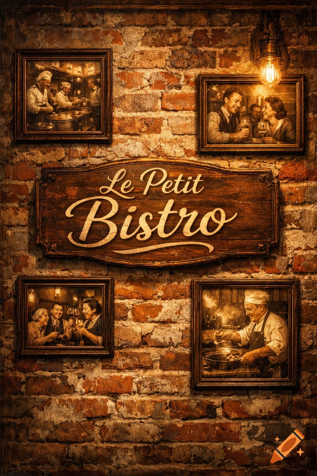 A rustic brick wall with a 'Le Petit Bistro' sign and framed sepia photos of dining patrons and a chef, in a vintage style.