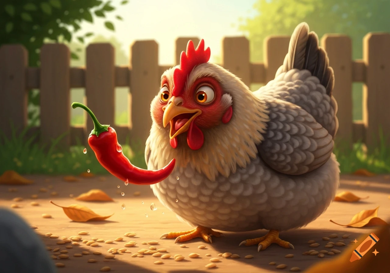 A wide-eyed cartoon chicken looks surprised at a floating red chili pepper with water drops in a sunny farmyard.