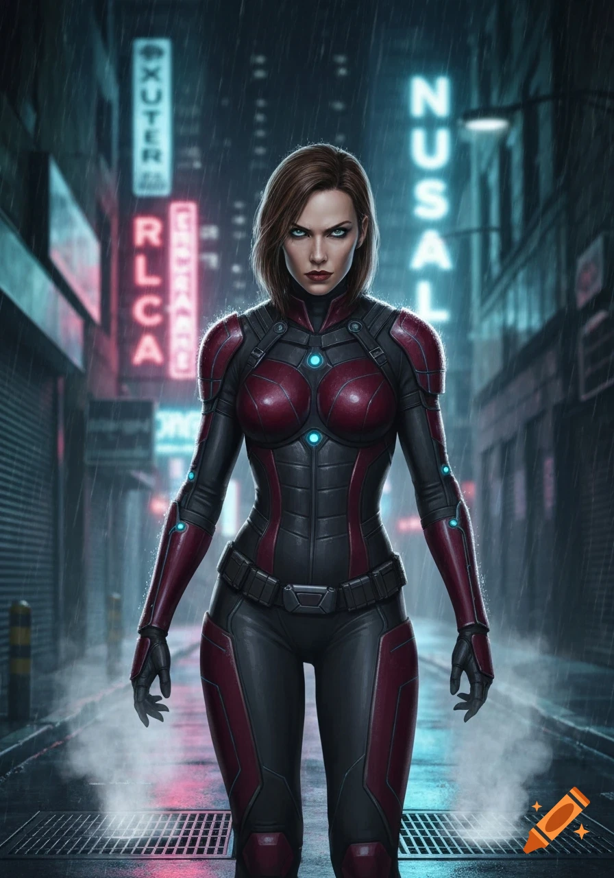 A female superhero or agent in a black and red futuristic suit with blue glowing accents stands in a rainy cyberpunk alley with neon signs.