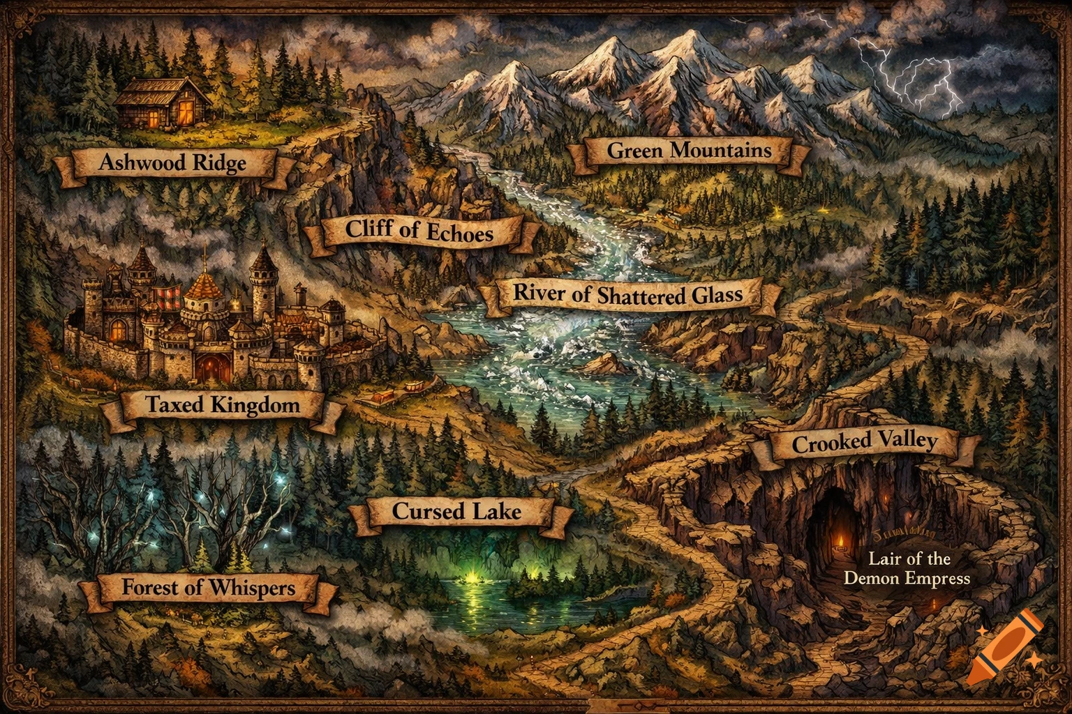 A detailed, hand-drawn dark fantasy world map featuring named locations like Taxed Kingdom, Cursed Lake, and the Lair of the Demon Empress.