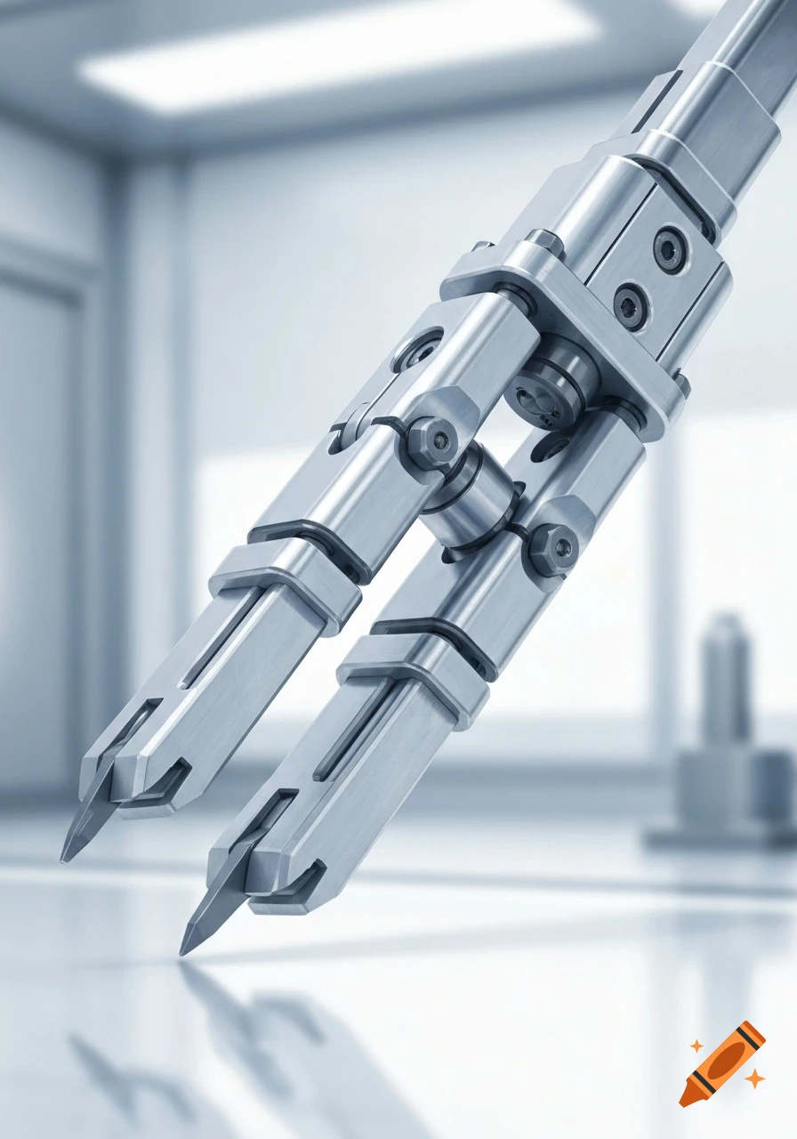 Close-up of a photorealistic silver metallic robotic end effector with pointed gripper arms, set against a blurred clean background.