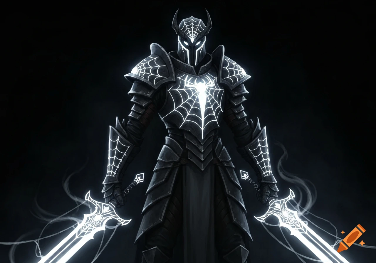 A dark fantasy knight in black armor with glowing white spiderweb patterns and horns, holding two glowing white web-patterned swords.