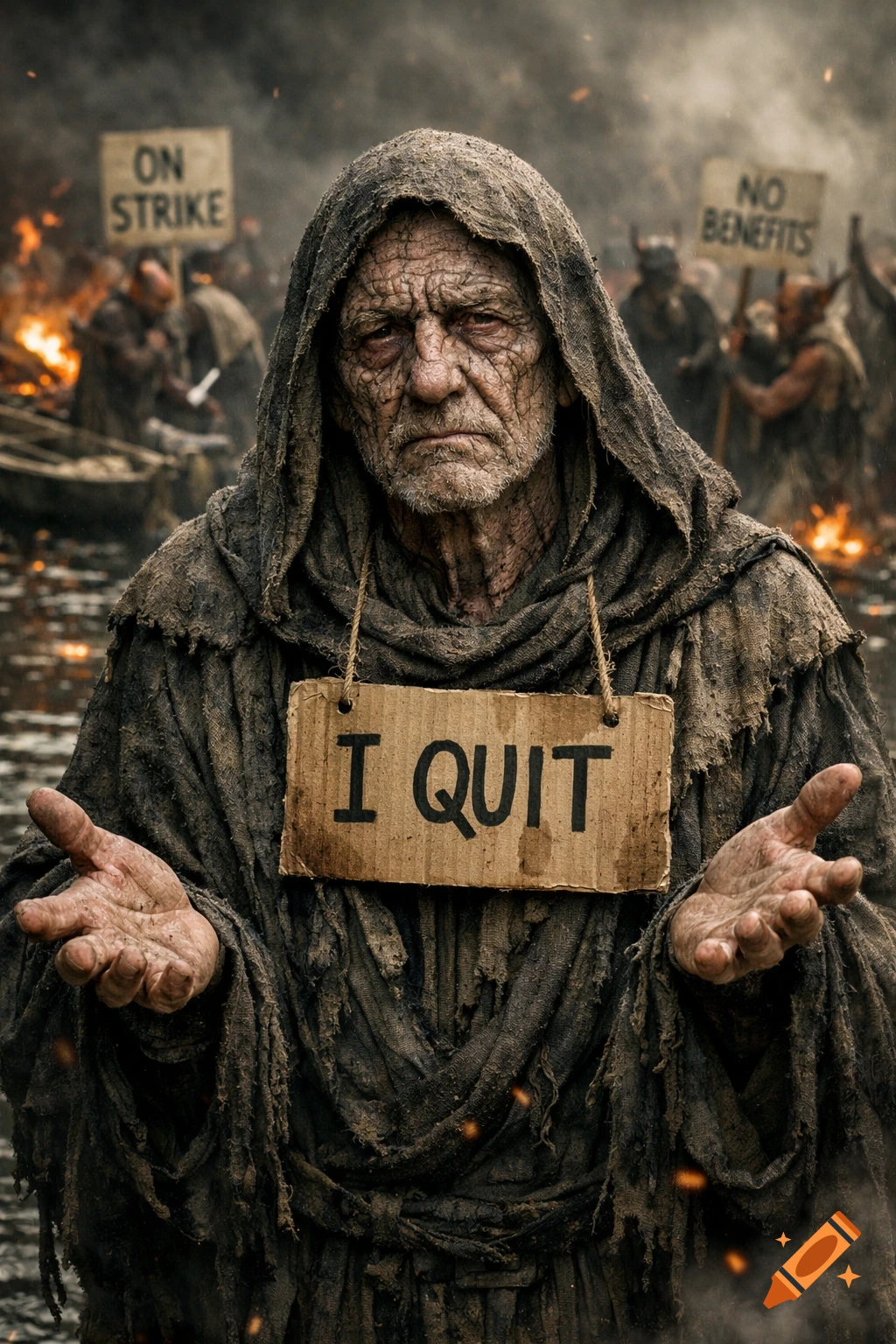 A photorealistic close-up of an old, weathered man in a hooded cloak, holding an "I QUIT" sign, amidst a fiery, chaotic protest.