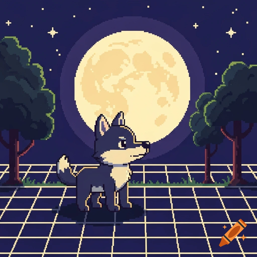 A cute pixel art wolf stands under a massive full moon in a starry night sky with trees and a grid-patterned ground.