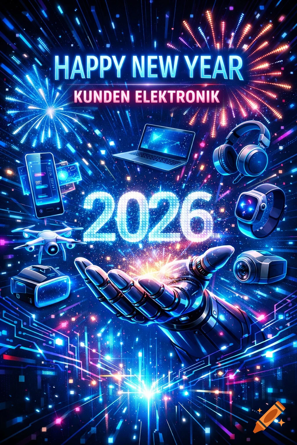 Futuristic "Happy New Year 2026 Kunden Elektronik" ad with a robot hand, glowing electronics, and colorful fireworks.