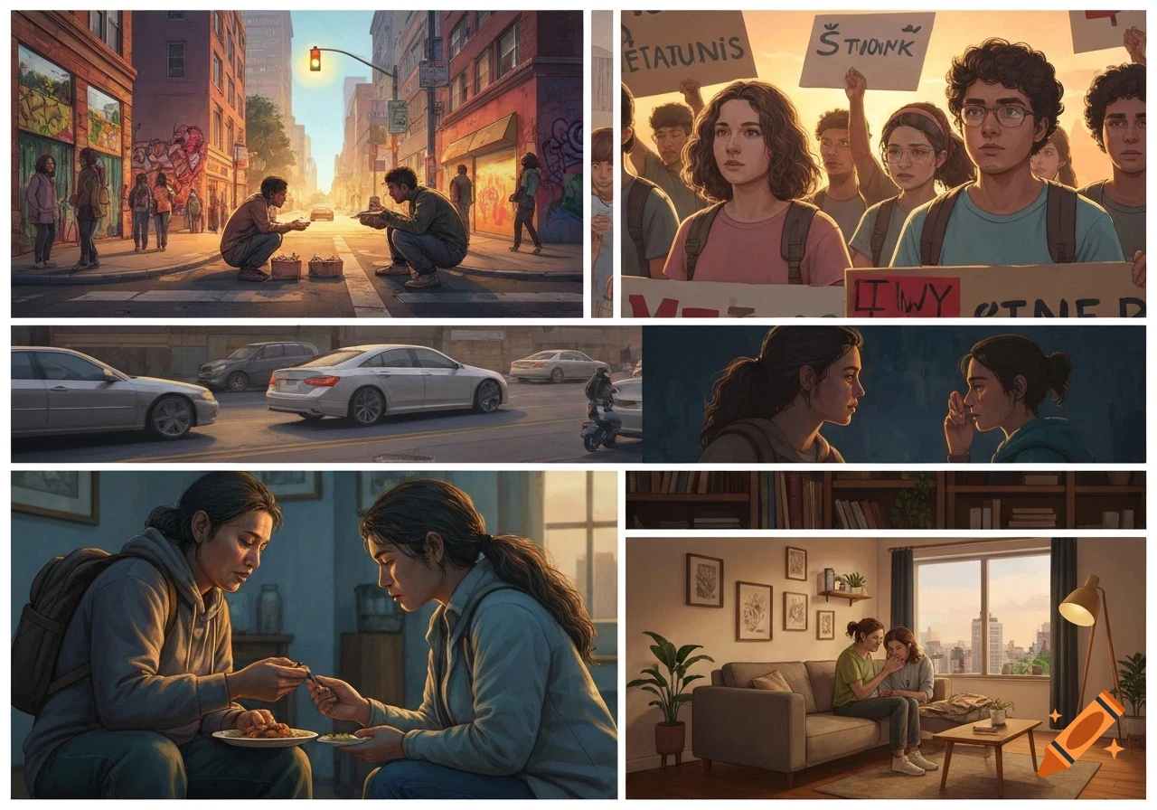 A collage of six illustrated panels depicting modern life scenes: people on a city street, a protest, cars on a road, two women interacting, and two women comforting each other on a sofa.