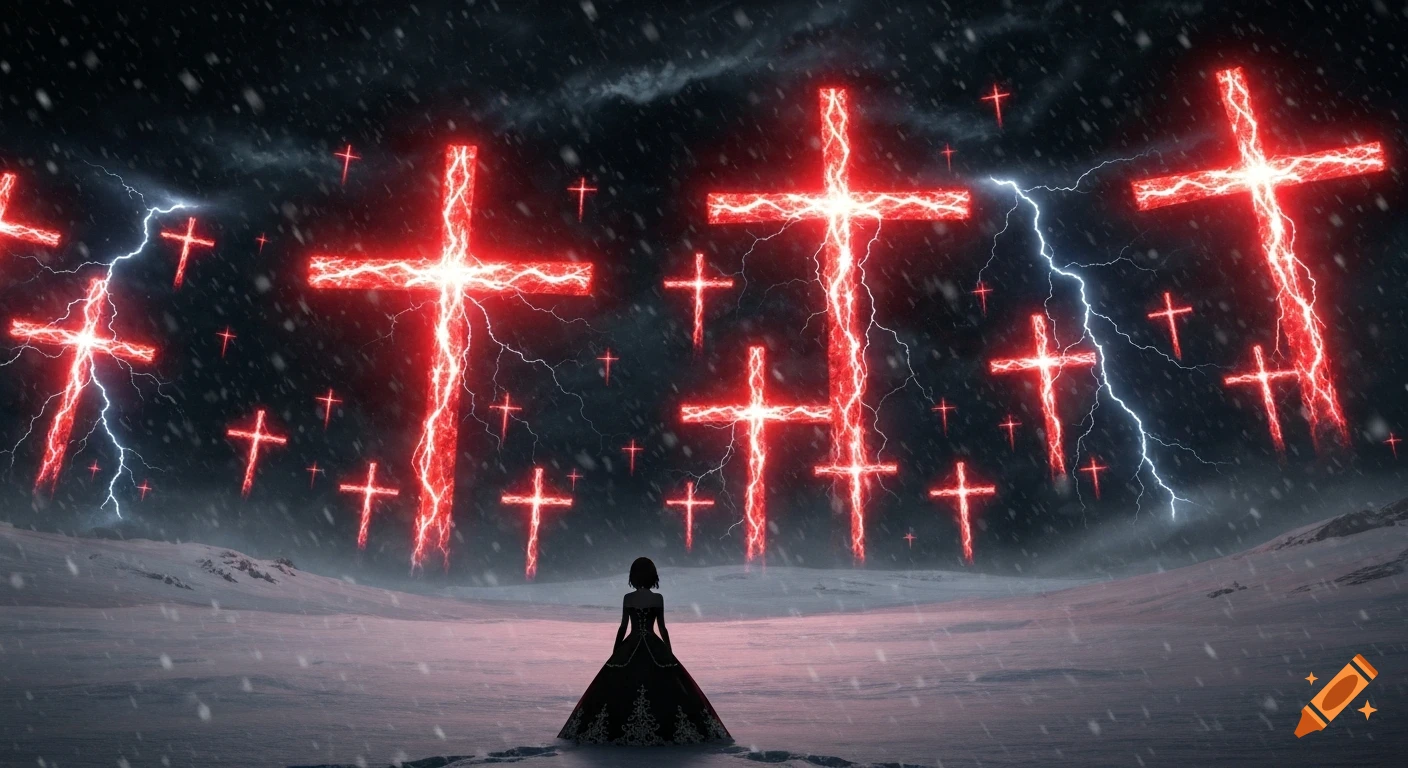A small silhouette of a girl in a black dress stands in a snowy landscape under a stormy night sky filled with blazing red crosses and lightning.