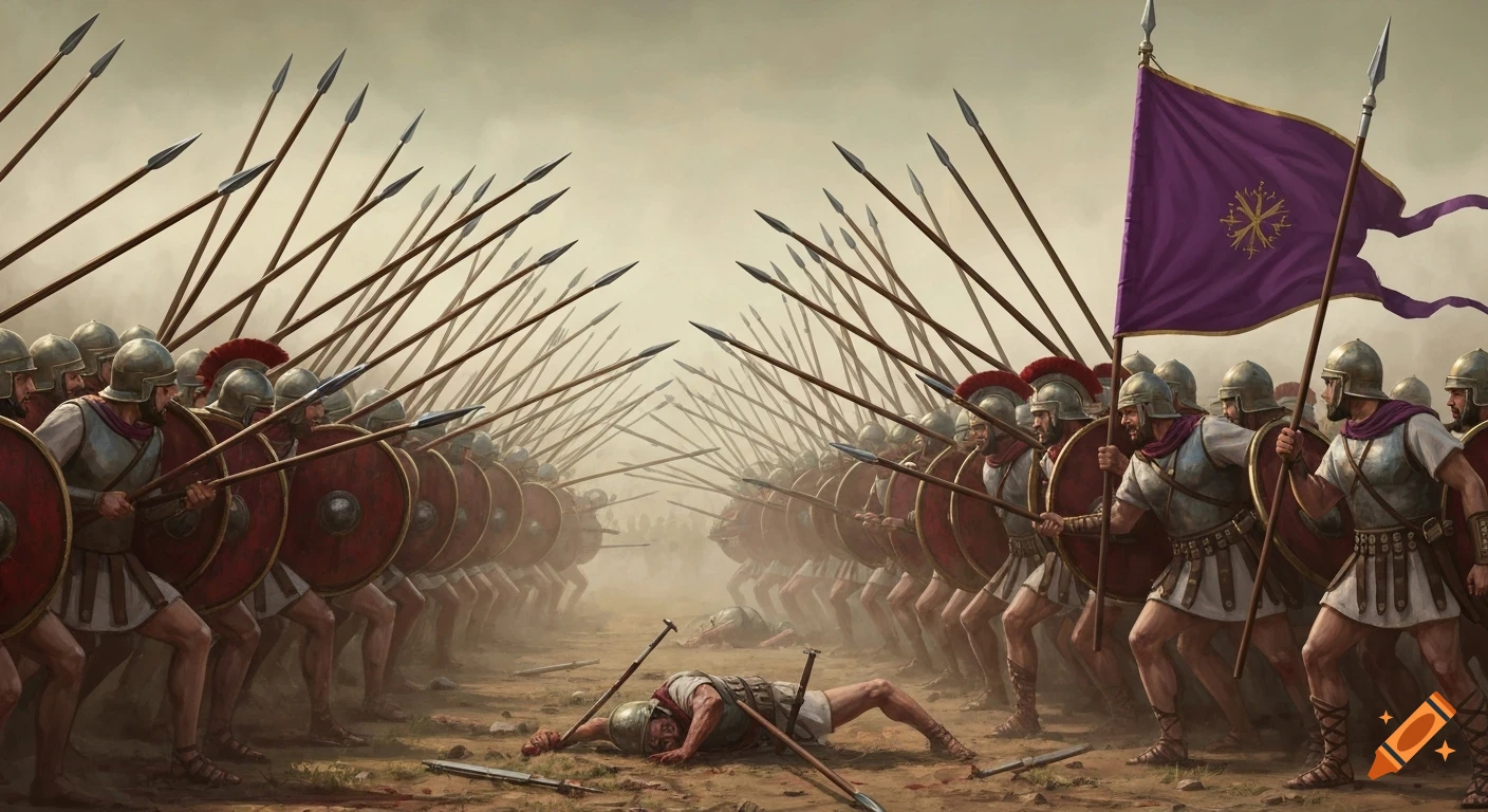 Detailed illustration of two ancient Macedonian phalanxes colliding on a dusty battlefield, with long spears, shields, and a fallen soldier, under a purple banner.