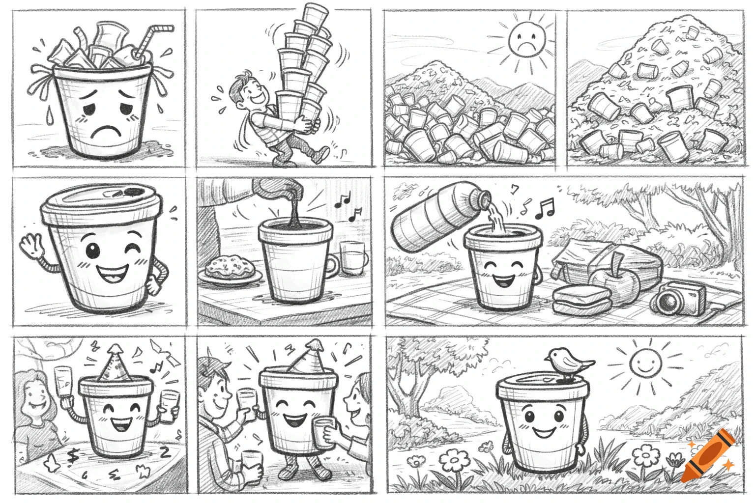 A pencil sketch storyboard showing a disposable cup's journey, from being sad and discarded to being happily reused and enjoyed.