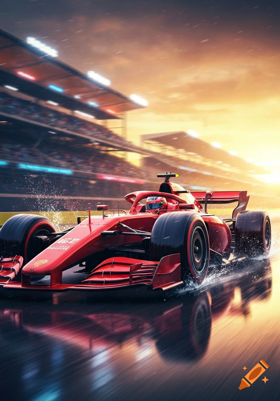 A sleek red racecar speeds on a wet track, splashing water, under a dramatic sunset sky with a stadium in the background.