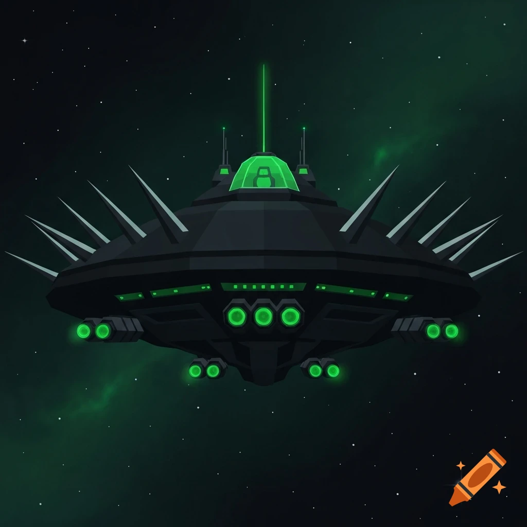 A flat illustration of a dark gray UFO mothership with bright green lights, spikes, and a laser beam, flying in a green and starry space.