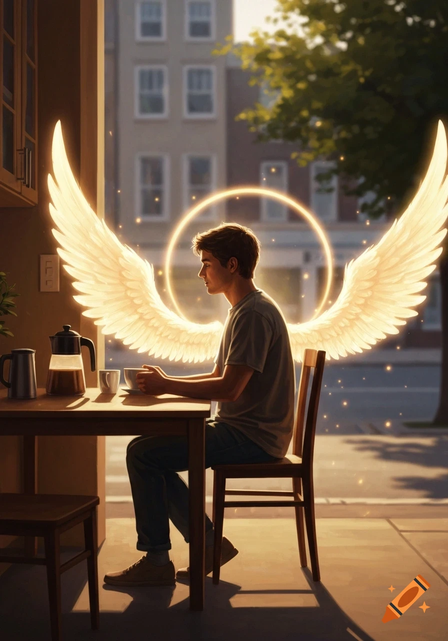 A young man with glowing angel wings and a halo sips coffee at a table in a sunlit urban setting.